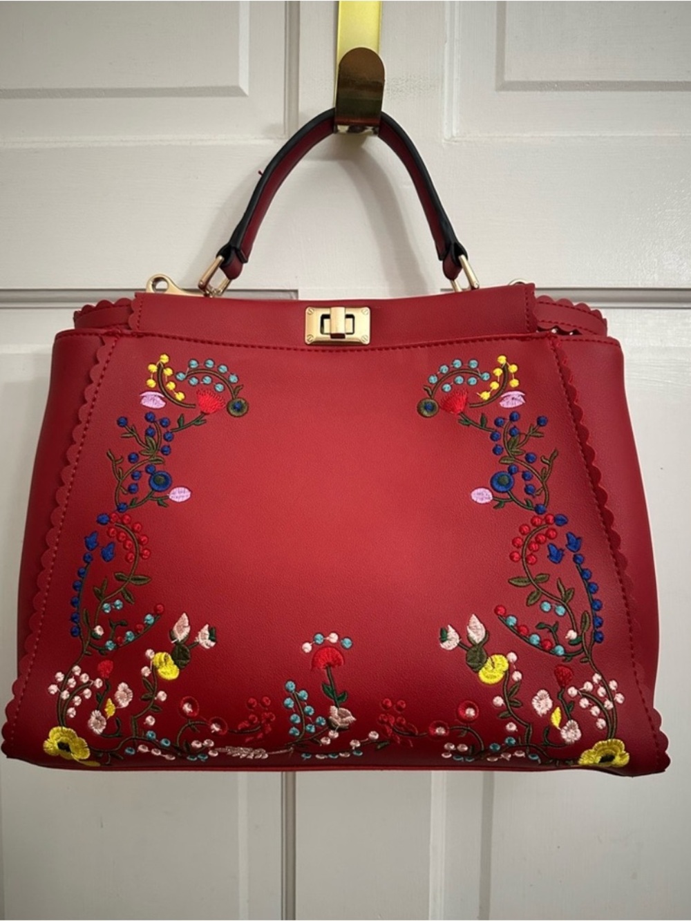 Red Vegan Leather Embroidered Top Handle Bag